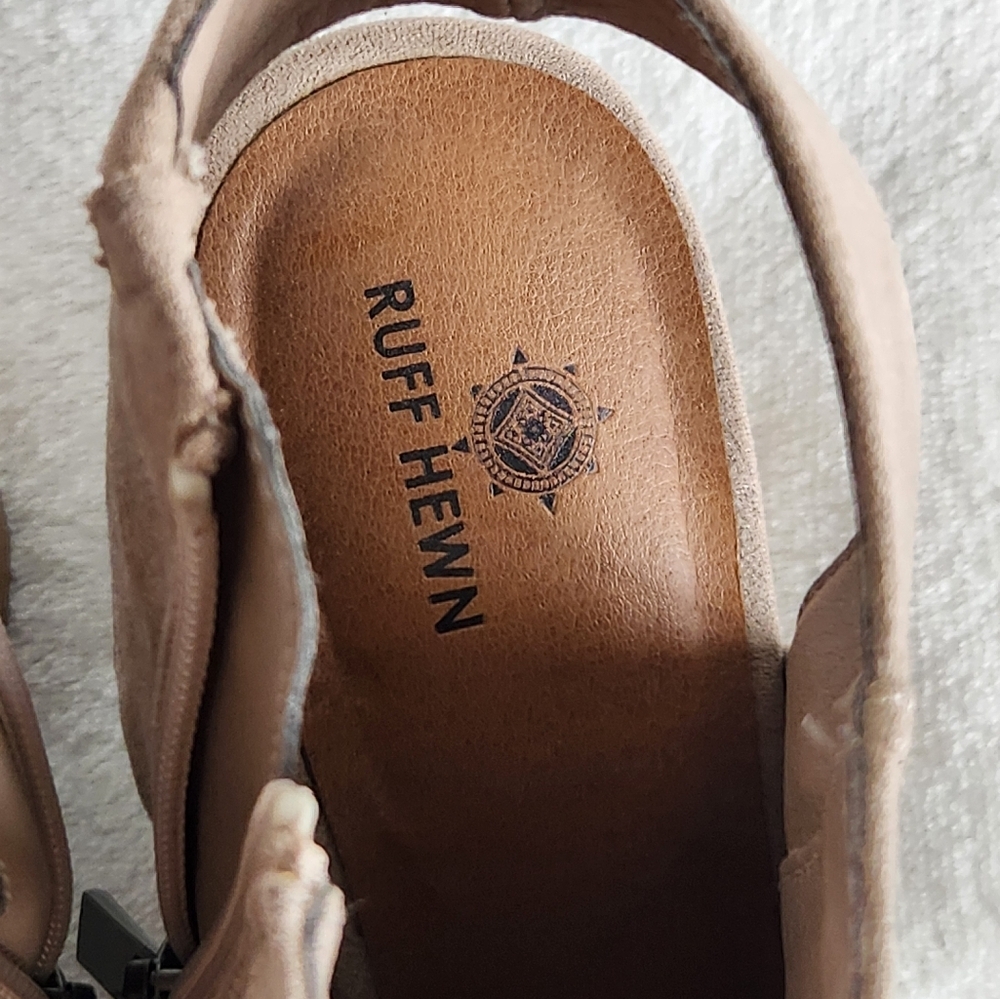 Ruff Hewn Boots Womens 8 M Pia Peep Toe Slingback Zip Bootie Brown Fabric Heels - Picture 4 of 10